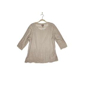 Chico.s size 3 beige top embroidery boho chic minimalist travel cottagecore